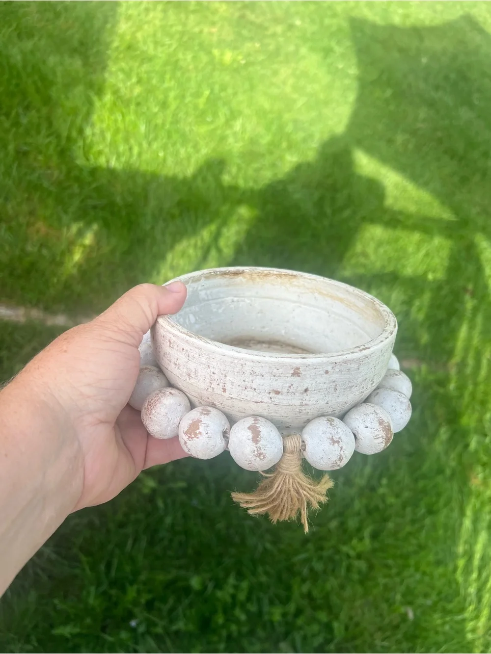 white distressed ceramic Beadzie™ clay bowl vessel wrapped with farmhouse-style